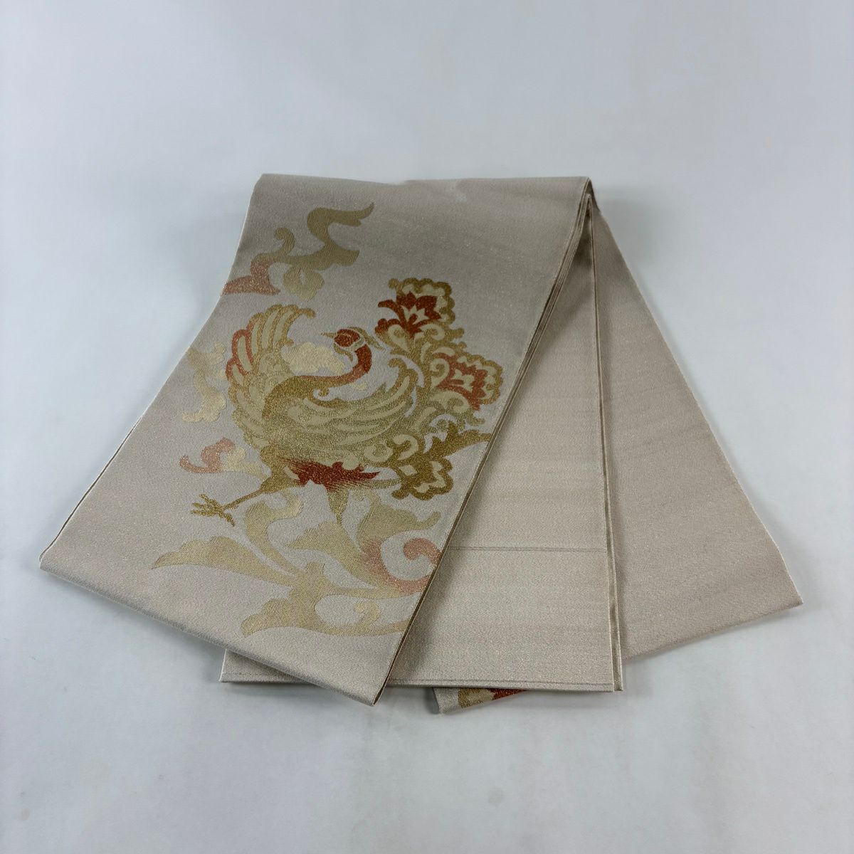 【美品】 袋帶 秀品級 關西仕立 雛鳳凰 唐草紋 金絲 金通 褐色 大鼓圖案 純蠶絲