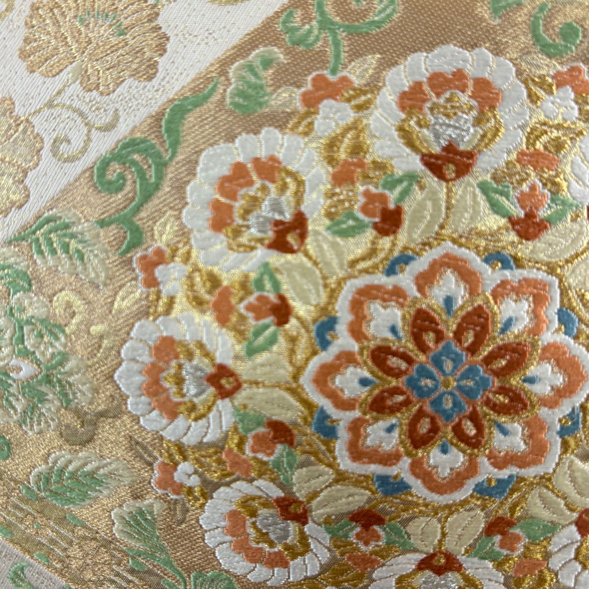 袋帶 秀品級 華紋 花唐草紋 金銀彩 金金箔 米色 六通 純蠶絲