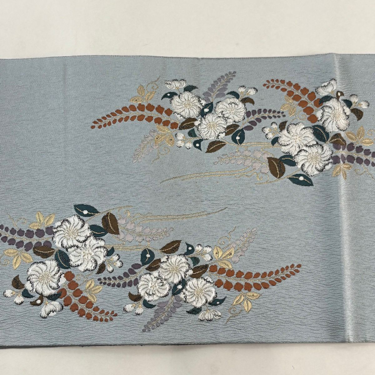袋帶 秀品級 辻花染 七寶 金銀彩 青灰 素材 純蠶絲