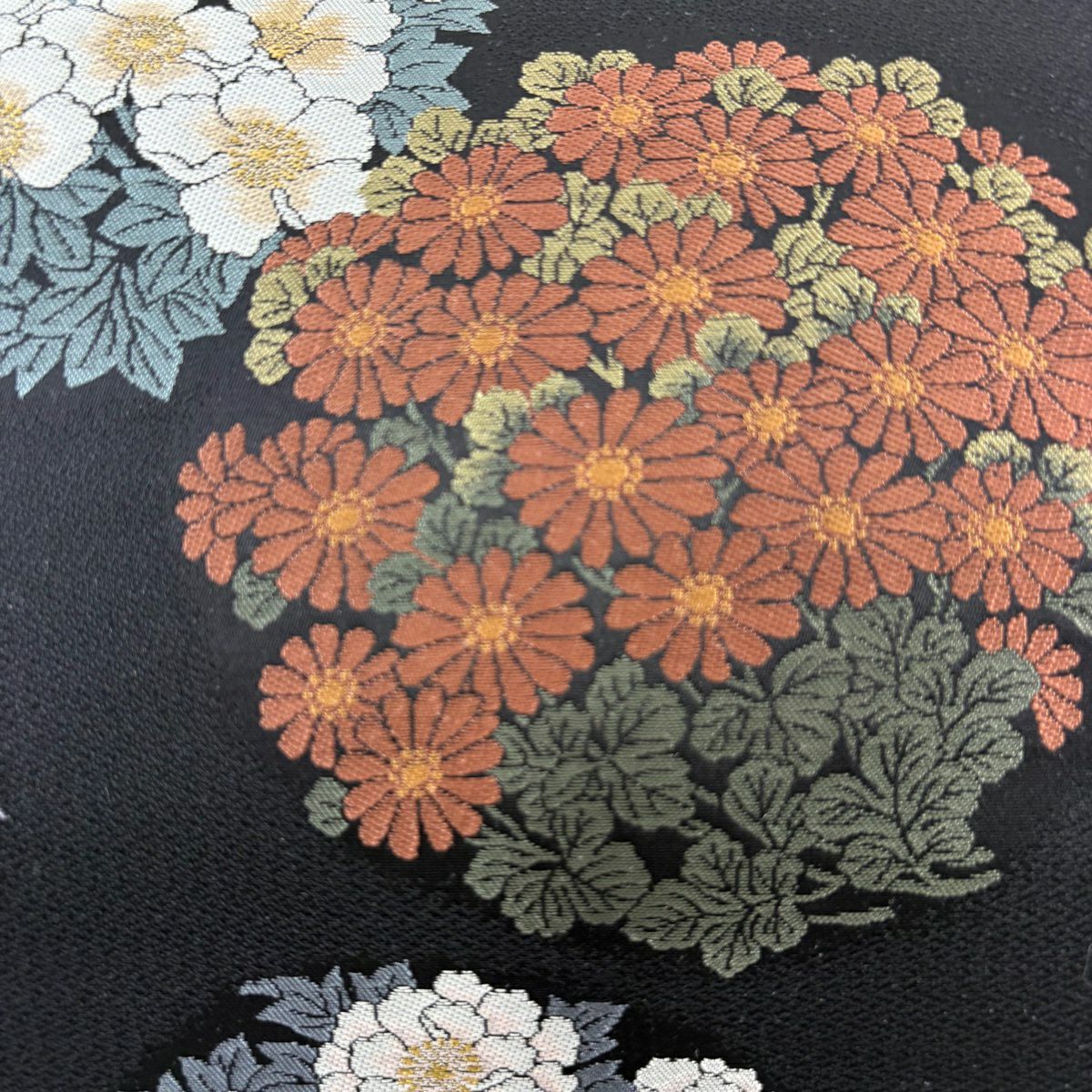 袋帶 秀品級 花丸紋 菊花 黑 六通 純蠶絲