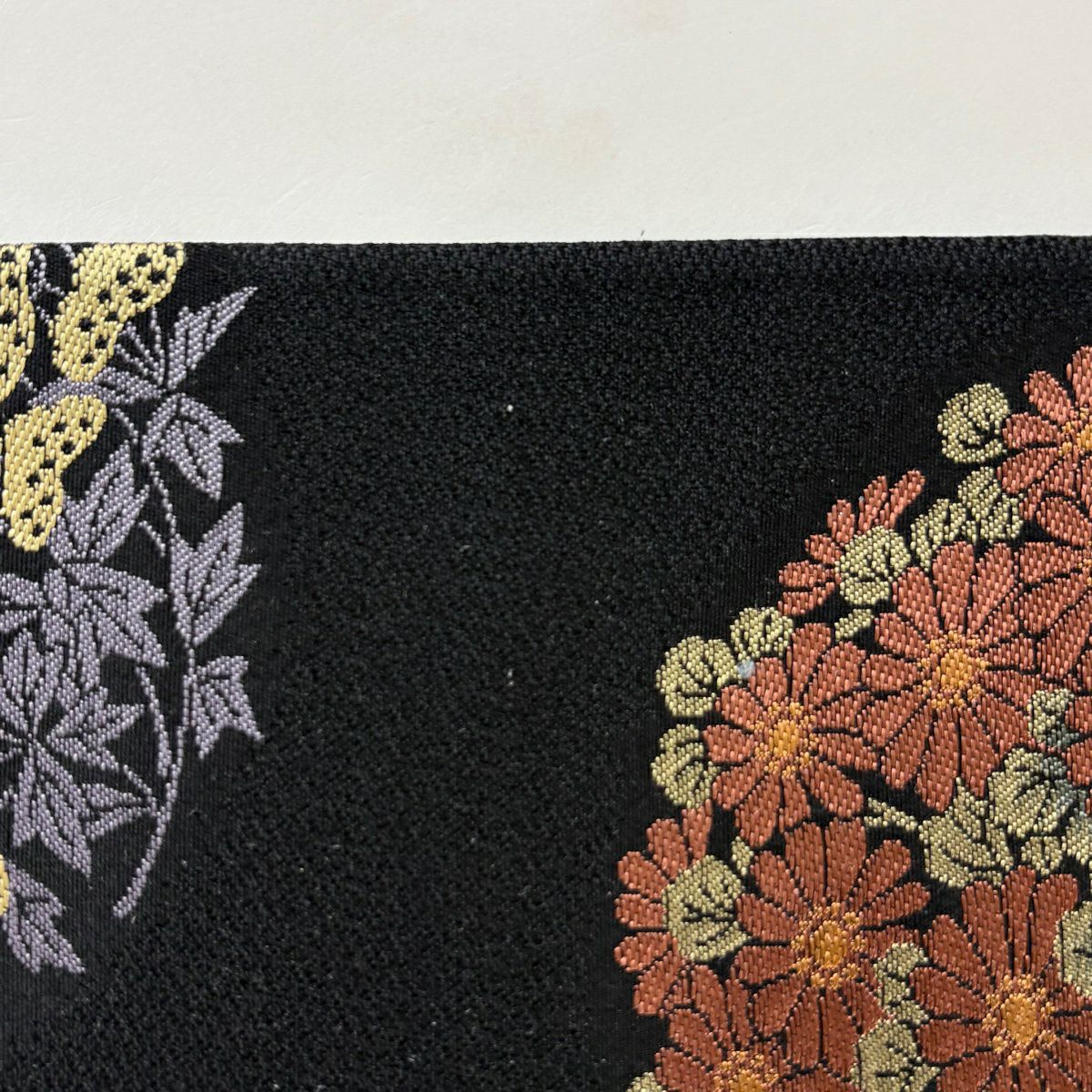 袋帶 秀品級 花丸紋 菊花 黑 六通 純蠶絲