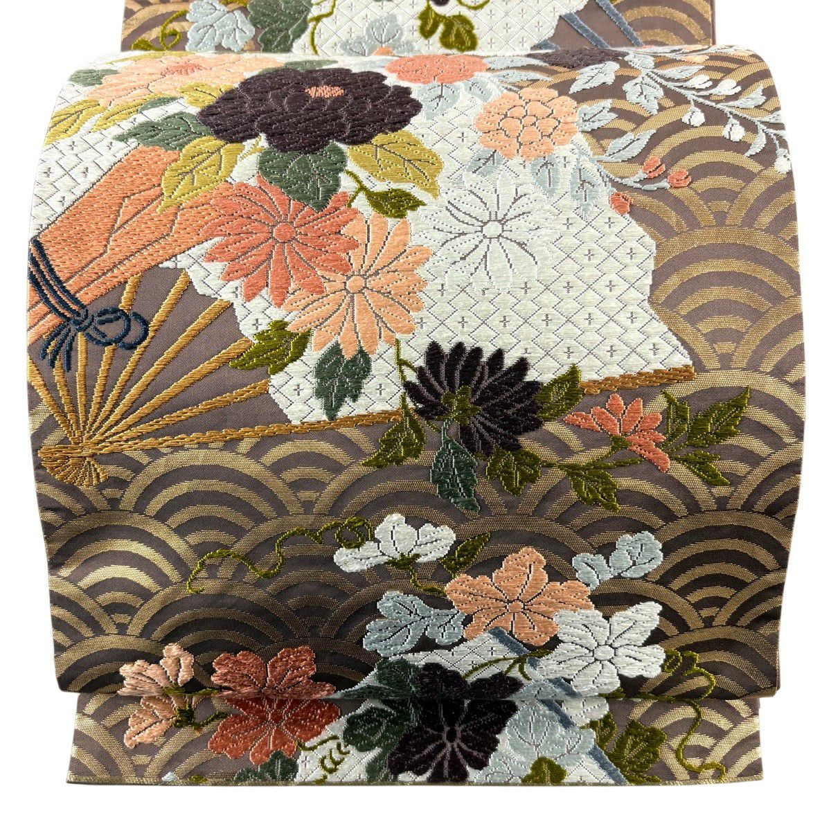 【美品】 袋帶 秀品級 關西仕立 雙層扇子 草花紋紋 金金箔 唐織 茶 六通 純蠶絲