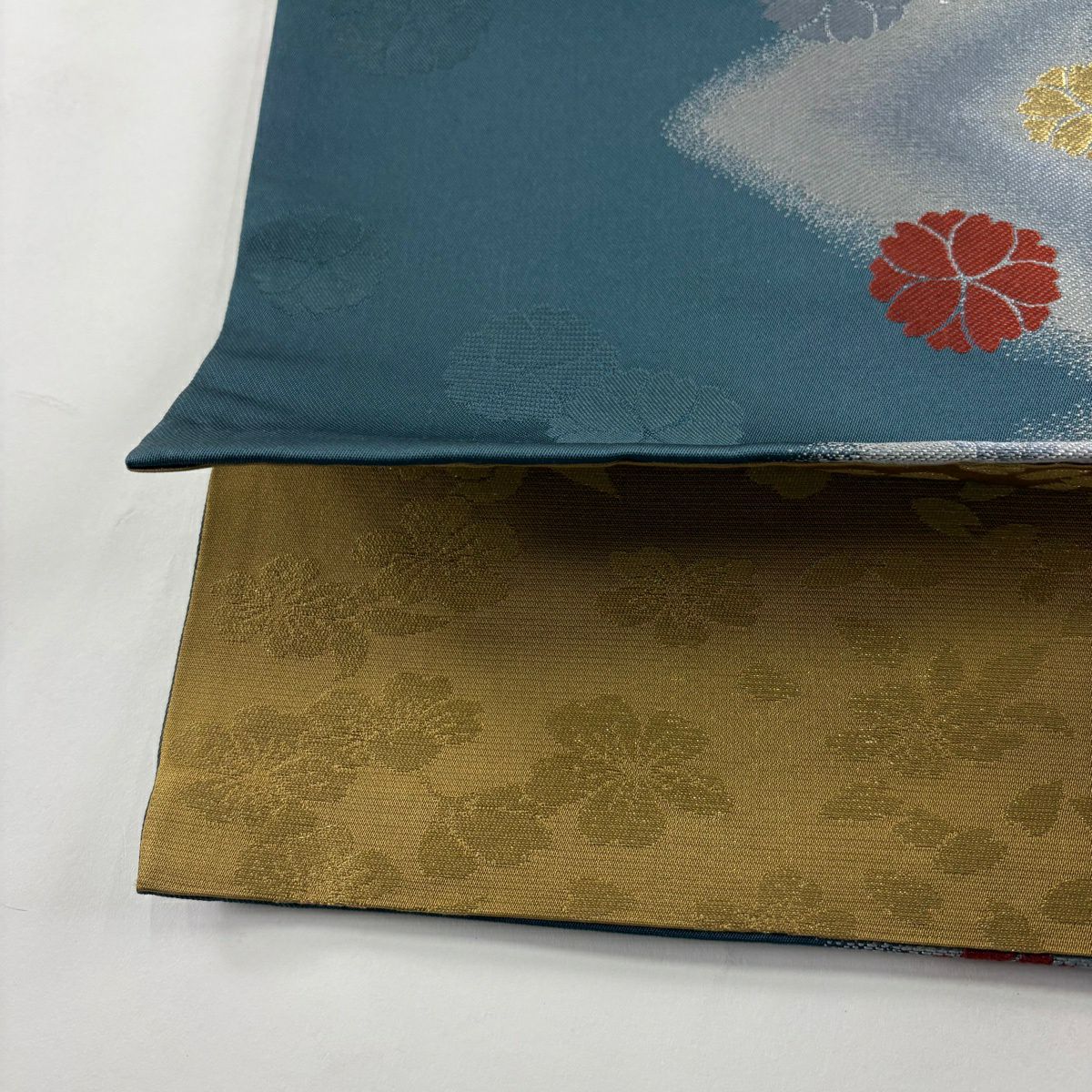【美品】 袋帶 秀品級 花 幾何學 金絲 綠 全通 純蠶絲