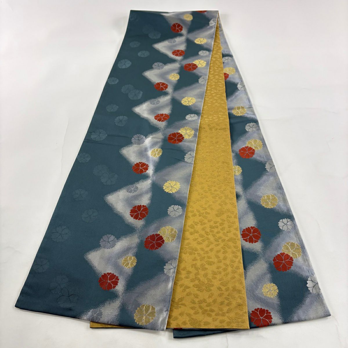 【美品】 袋帶 秀品級 花 幾何學 金絲 綠 全通 純蠶絲