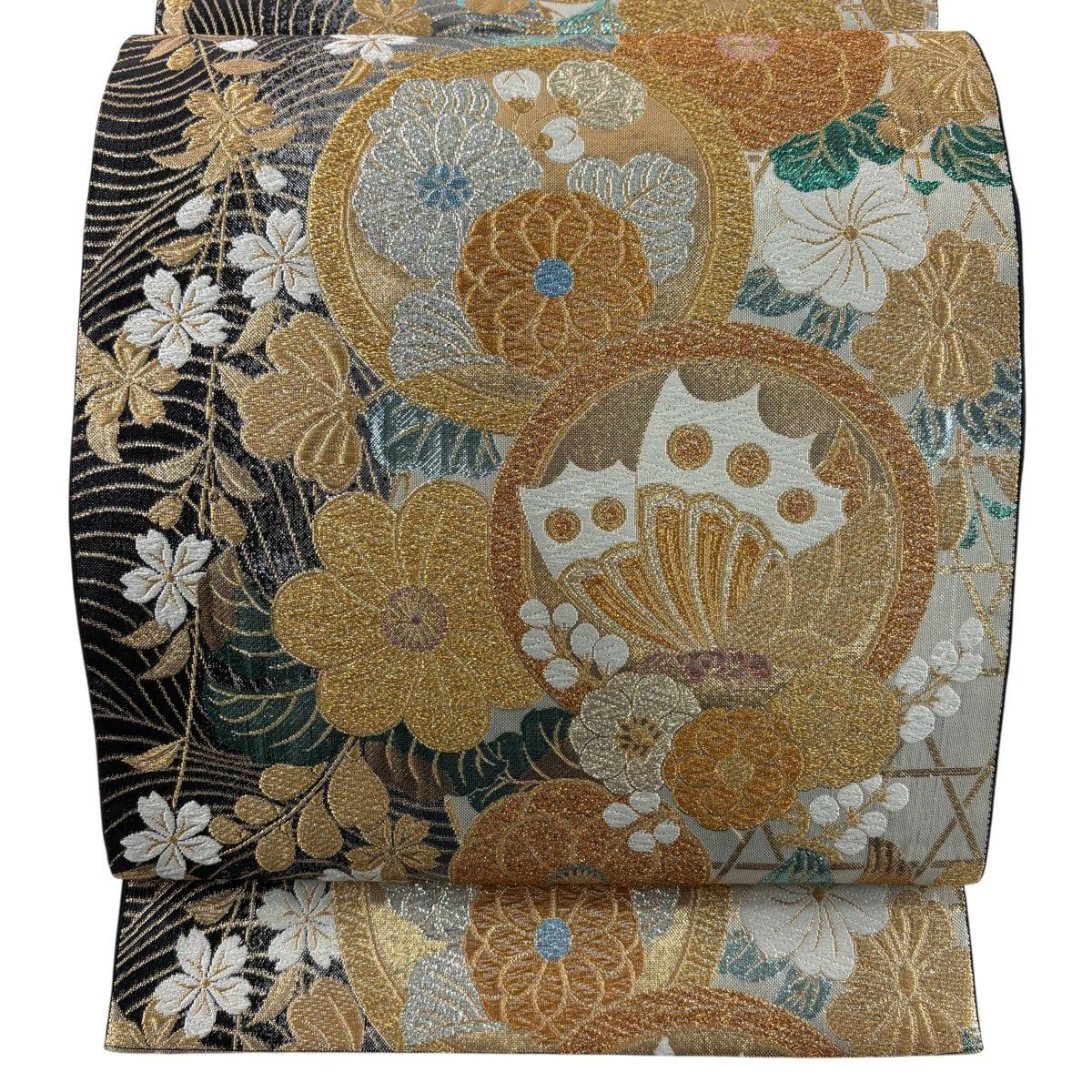 【美品】 袋帶 秀品級 蝶 草花紋 金金箔 金銀彩 六通 純蠶絲