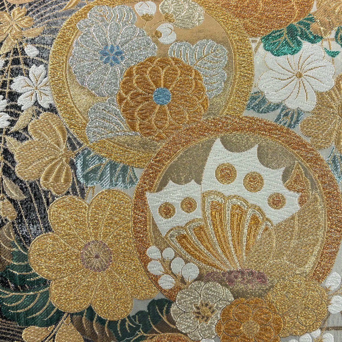 【美品】 袋帶 秀品級 蝶 草花紋 金金箔 金銀彩 六通 純蠶絲