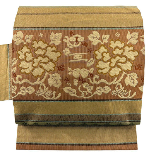【美品】 名古屋帶 秀品級 有落款 段紋 花唐草紋 黃土 純蠶絲