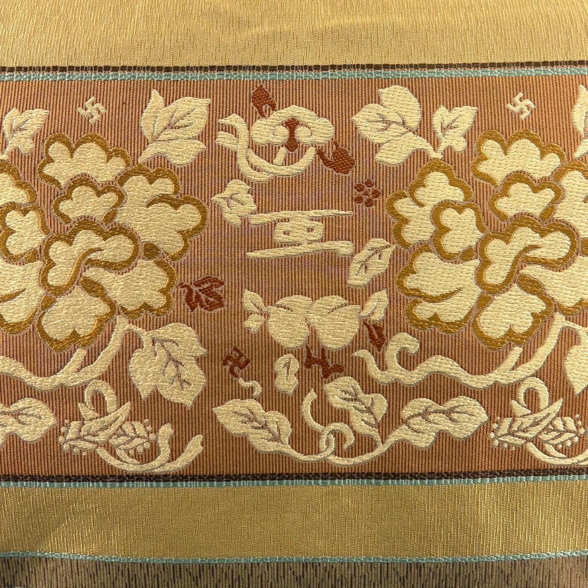 【美品】 名古屋帶 秀品級 有落款 段紋 花唐草紋 黃土 純蠶絲