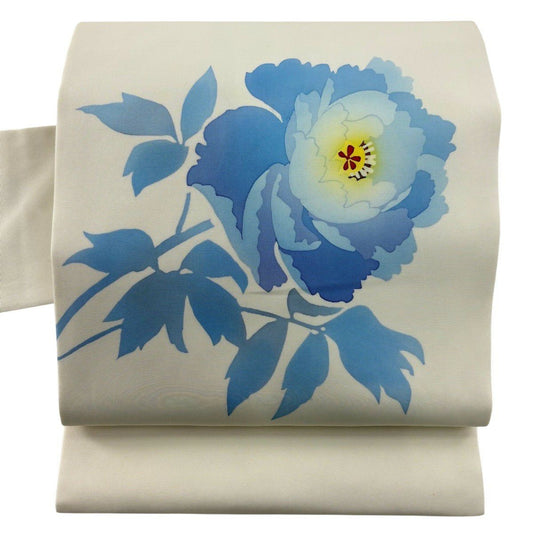【美品】名古屋帶 秀品級 草花紋 淡奶油色 純蠶絲