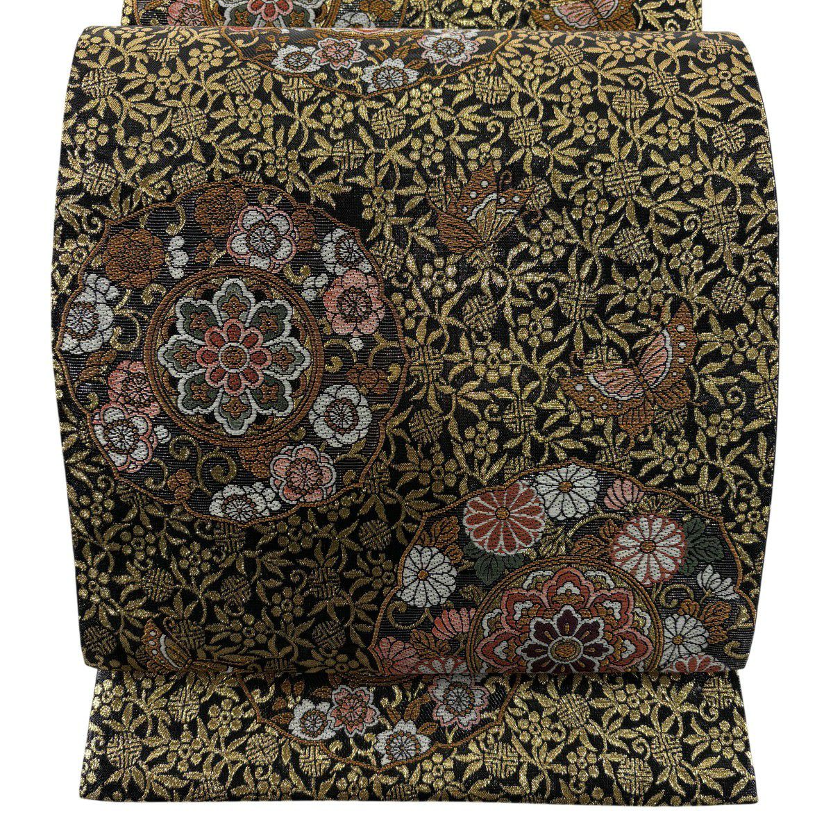 【美品】 袋帶 秀品級 華紋 蝶 金糸 金金箔 黑 六通 純蠶絲