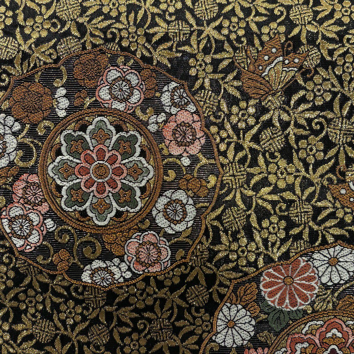 【美品】 袋帶 秀品級 華紋 蝶 金糸 金金箔 黑 六通 純蠶絲