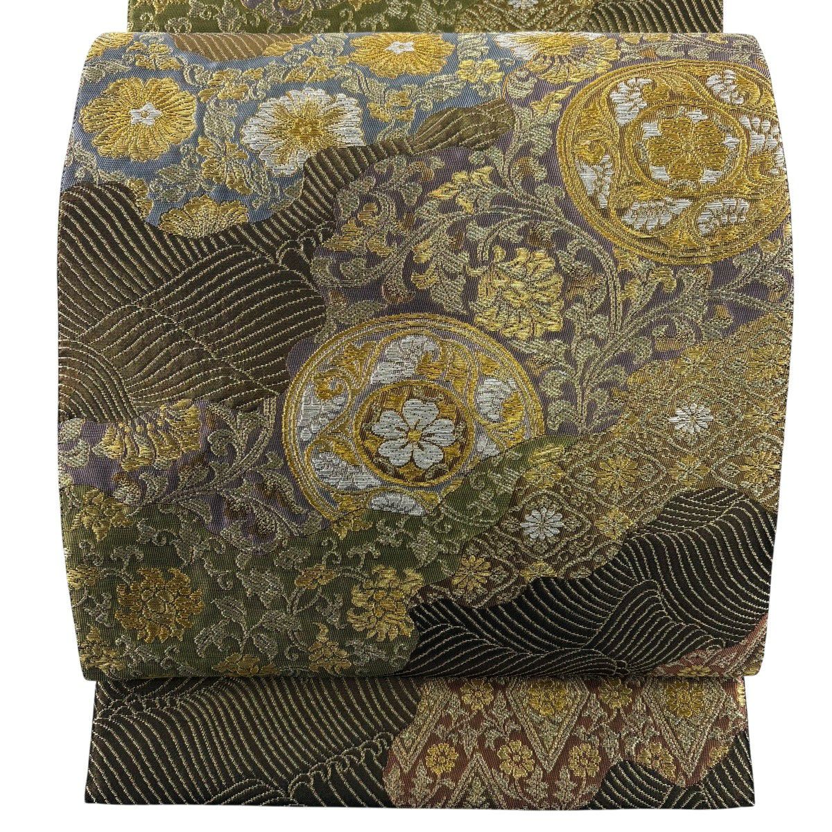 【美品】 袋帶 秀品級 華紋 花唐草紋 金銀彩 金茶 六通 純蠶絲