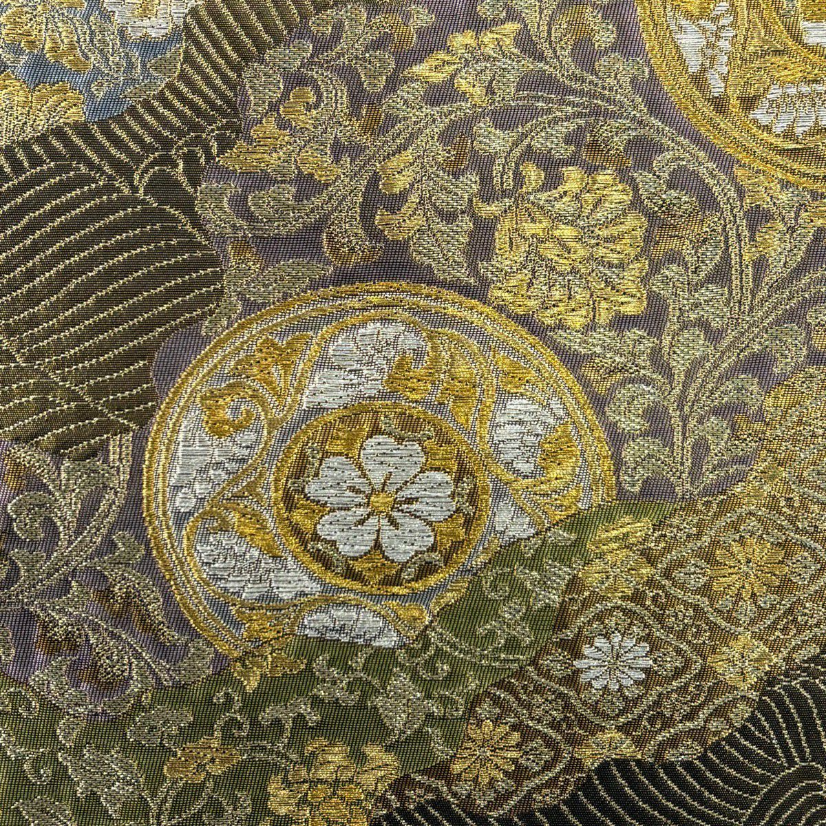 【美品】 袋帶 秀品級 華紋 花唐草紋 金銀彩 金茶 六通 純蠶絲