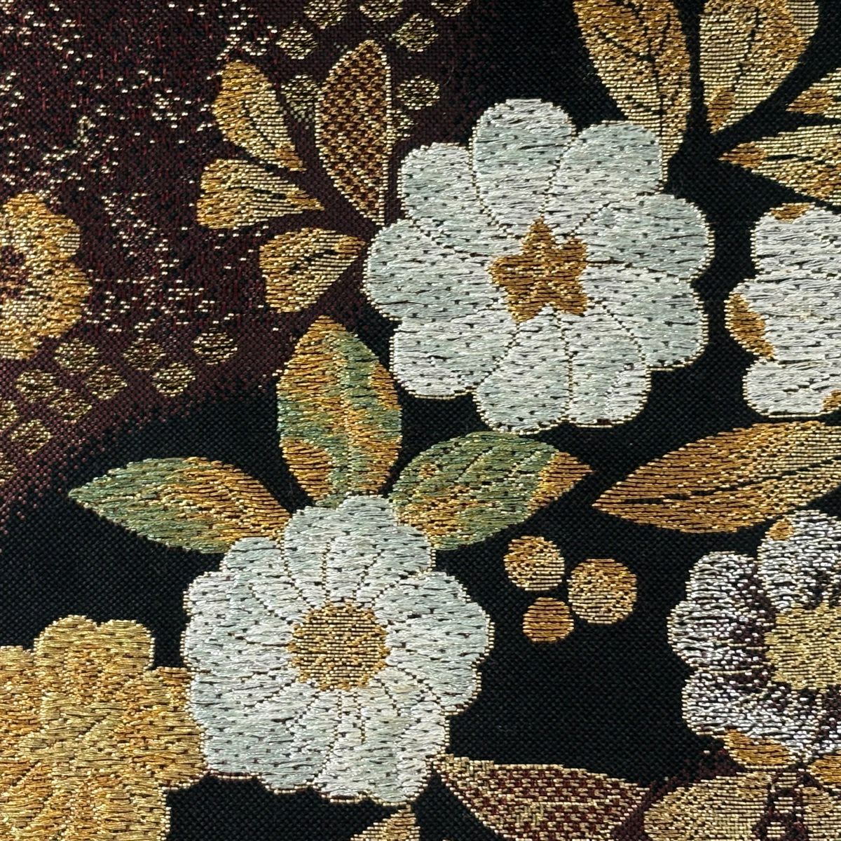 袋帶 秀品級 大和 草花紋紋 市松樹 金銀彩 金金箔 黑 六通 純蠶絲