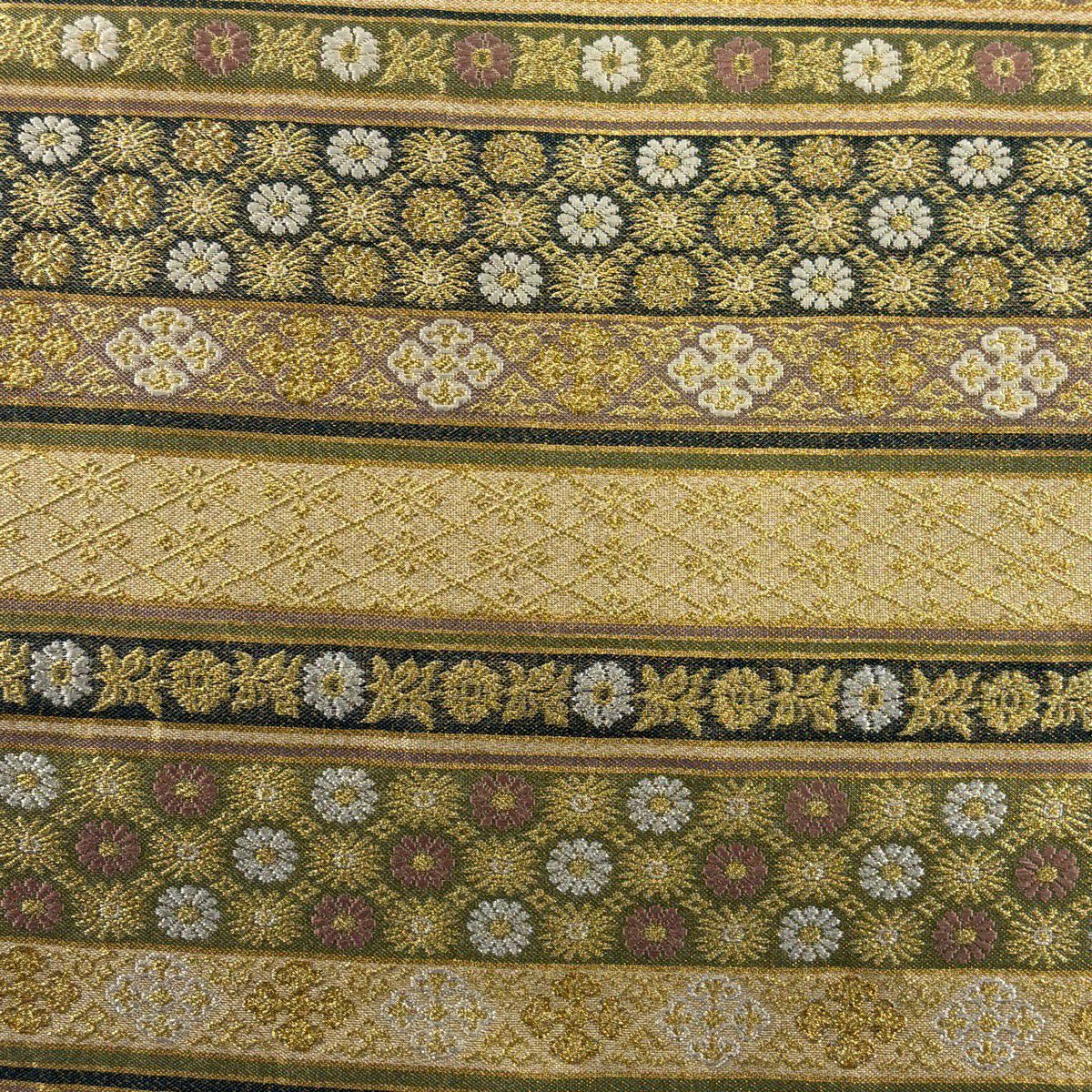 【美品】 袋帶 秀品級 橫段 草花紋 金絲 金金箔 金色 六通 純蠶絲