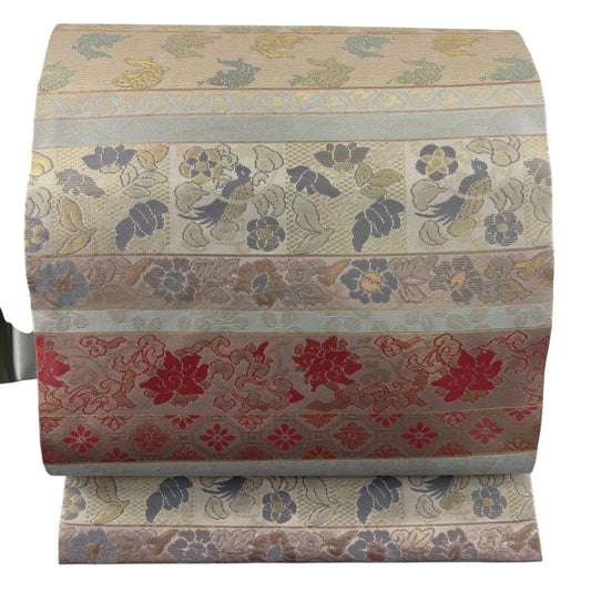 【美品】 名古屋帶 秀品級 ますいわ屋 草花紋 荒磯 金金箔 金色 純蠶絲