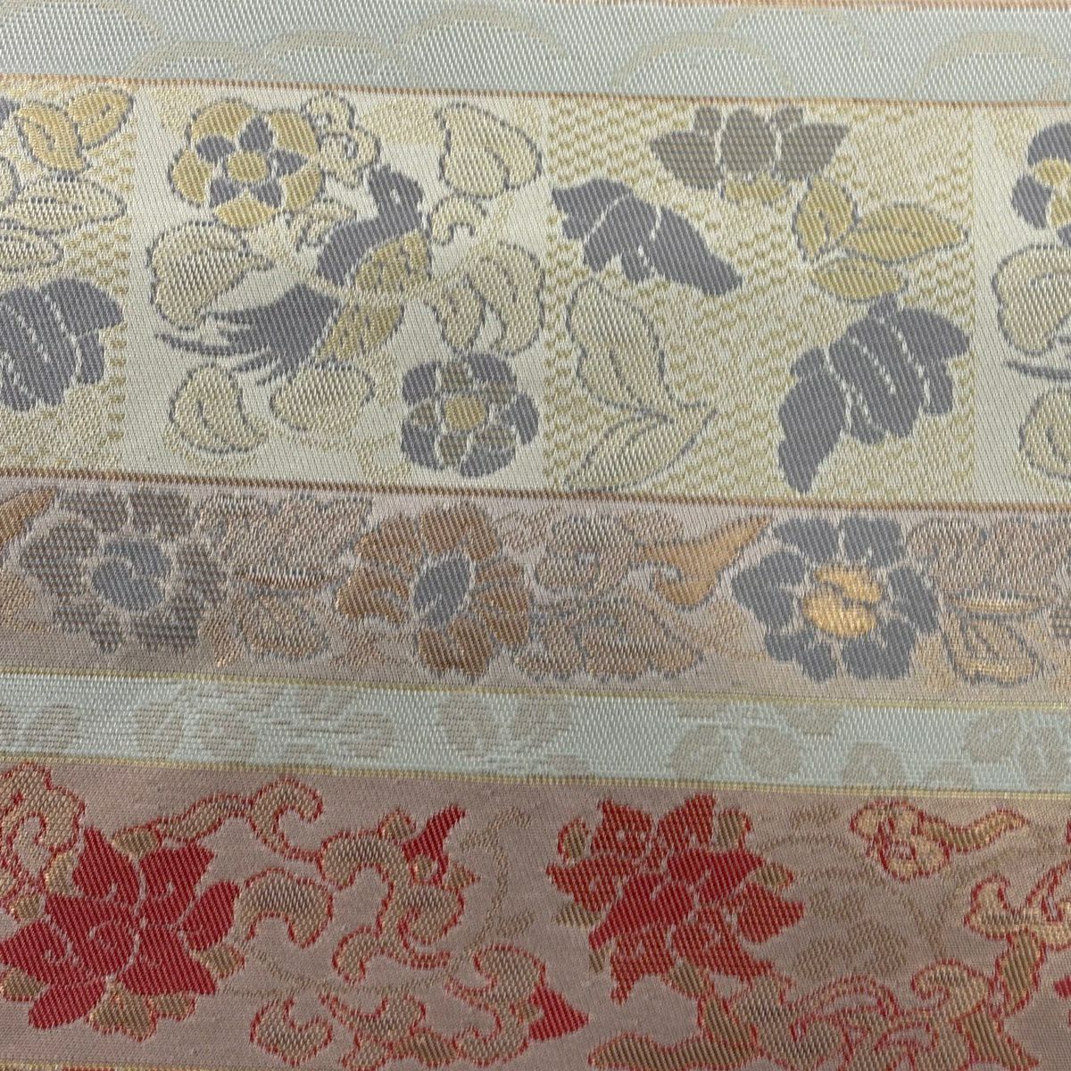 【美品】 名古屋帶 秀品級 ますいわ屋 草花紋 荒磯 金金箔 金色 純蠶絲
