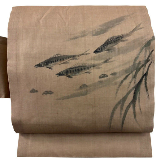 名古屋帶 秀品級 附有落款 夏紬織織 夏帶 魚 葉紋 薄小豆 純蠶絲