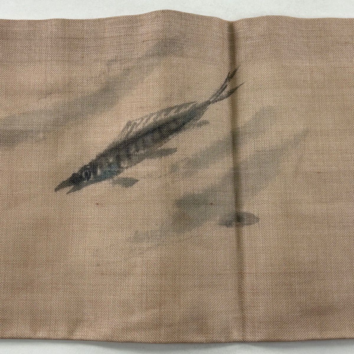 名古屋帶 秀品級 附有落款 夏紬織織 夏帶 魚 葉紋 薄小豆 純蠶絲
