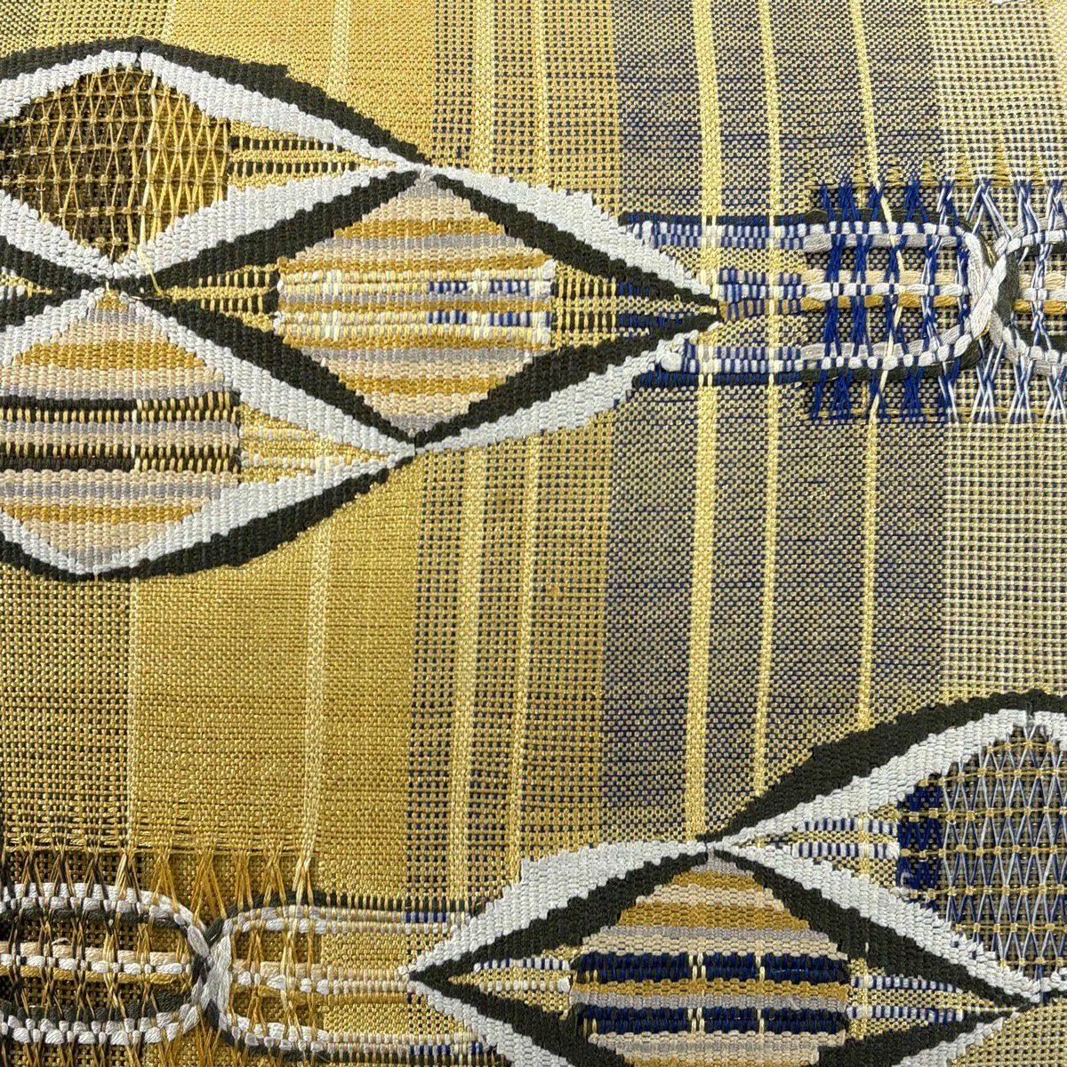 【美品】 名古屋帶 秀品級 八寸名古屋帶 松樹葉仕立 夏帶 七寶紋 縞 金絲 淡黃土 純蠶絲