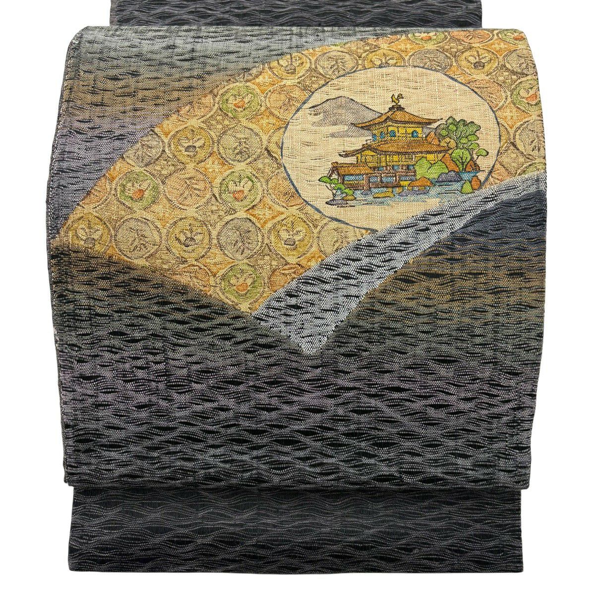 【美品】 袋帶 秀品級 金閣寺 草花紋 墨 黑色 お太鼓圖案 純蠶絲