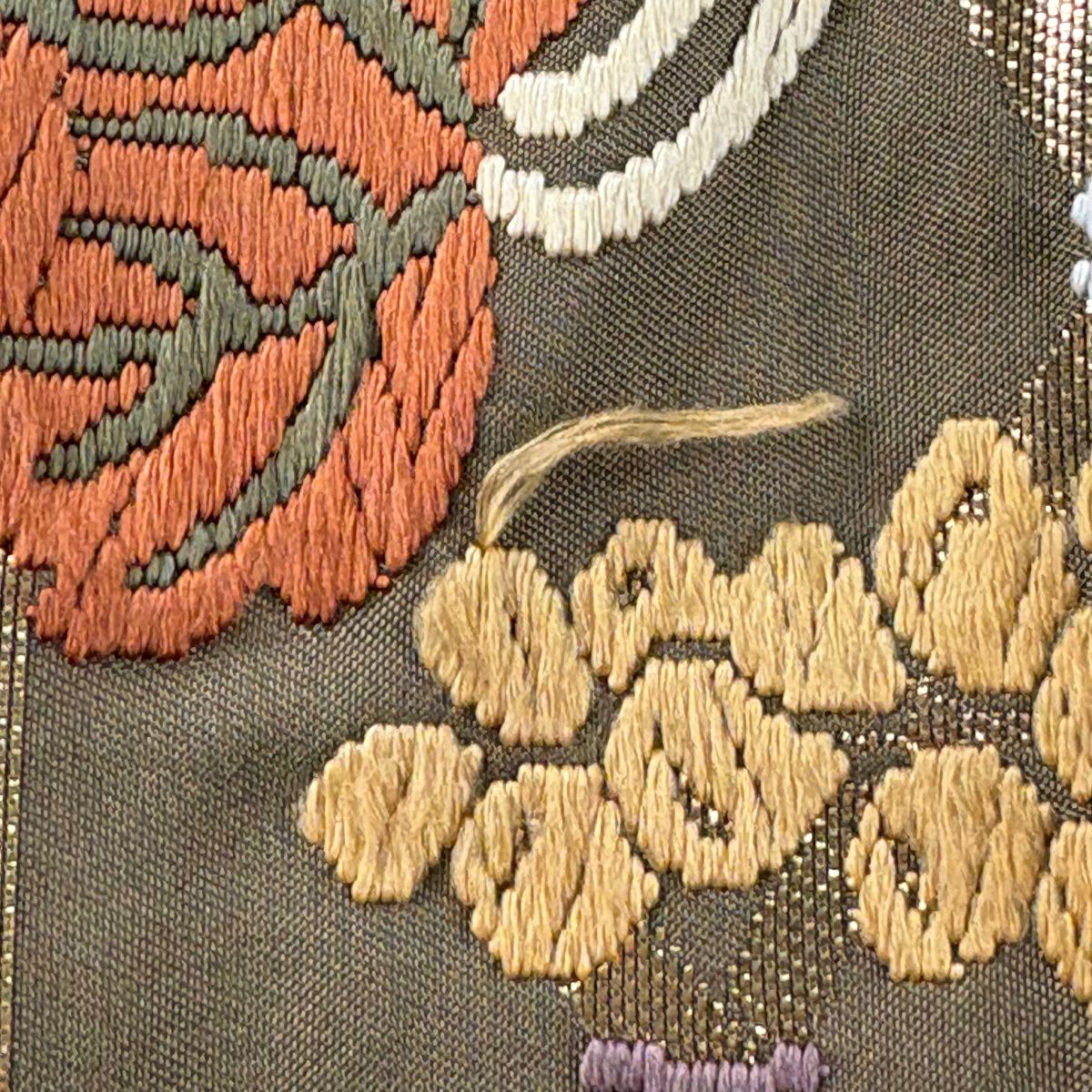 袋帶 秀品級 葡萄 草花紋紋 唐織 金金箔 茶綠 六通 純蠶絲