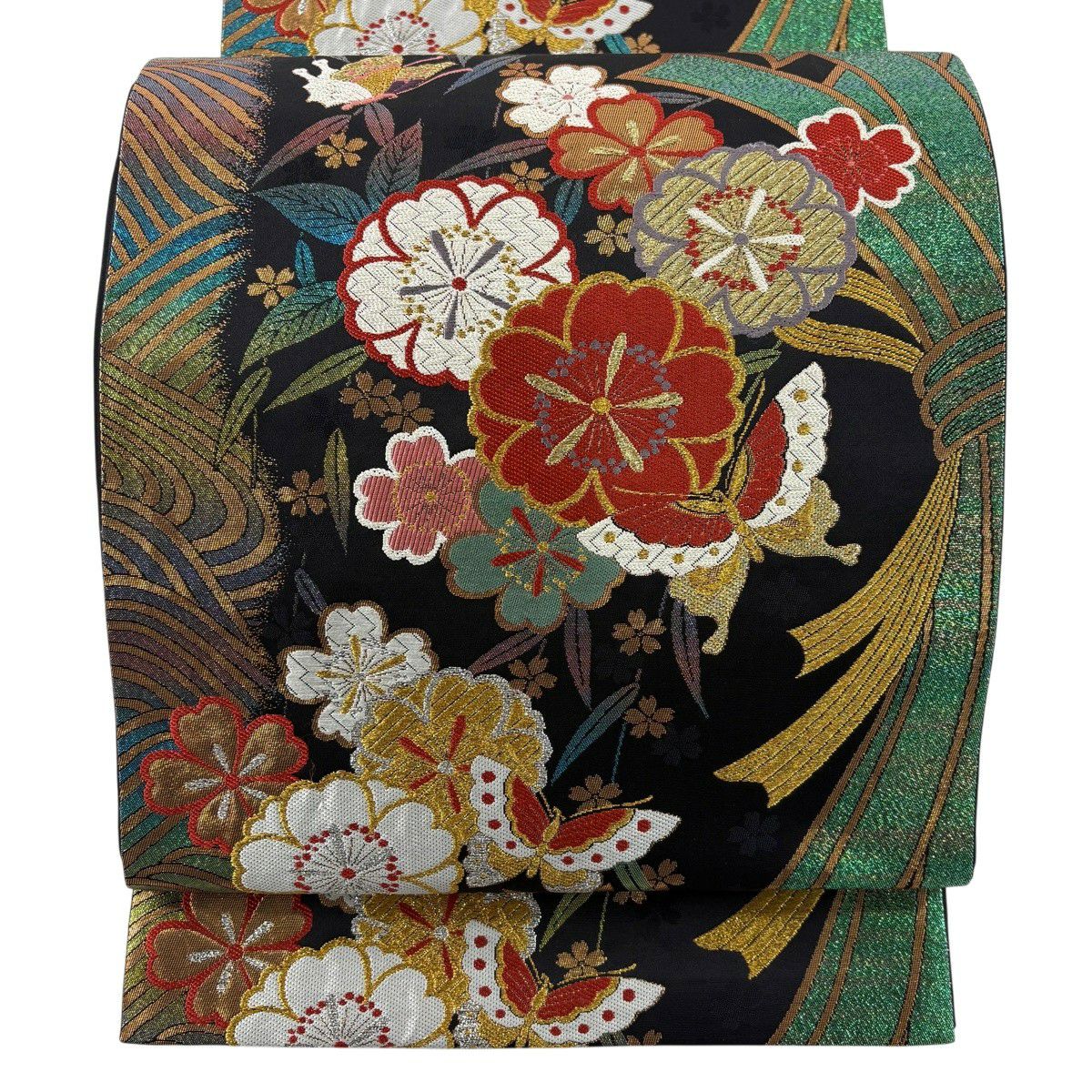 【美品】 袋帶 秀品級 振袖禮服禮服用 櫻花 蝴蝶 唐織 金絲 黑色 六通 純蠶絲