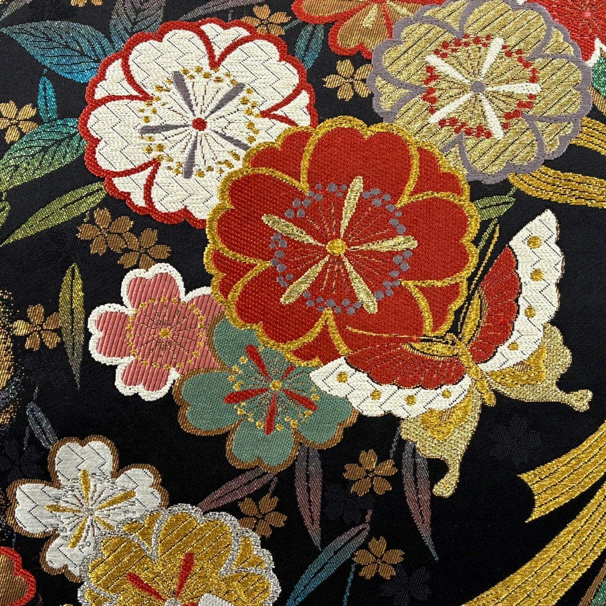 【美品】 袋帶 秀品級 振袖禮服禮服用 櫻花 蝴蝶 唐織 金絲 黑色 六通 純蠶絲