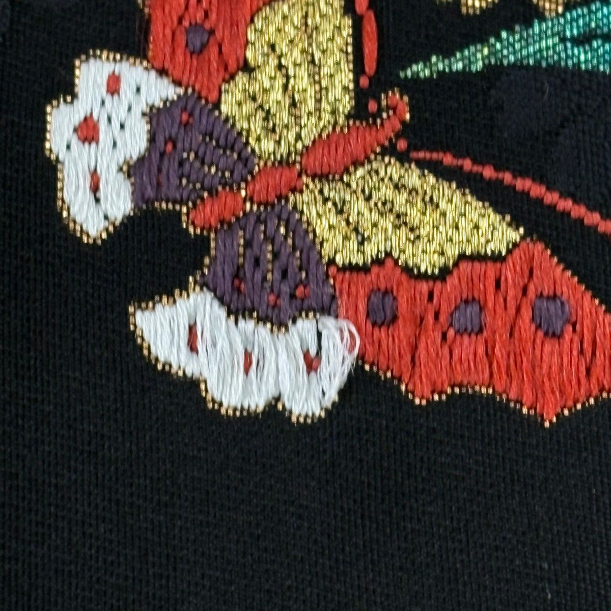 【美品】 袋帶 秀品級 振袖禮服禮服用 櫻花 蝴蝶 唐織 金絲 黑色 六通 純蠶絲