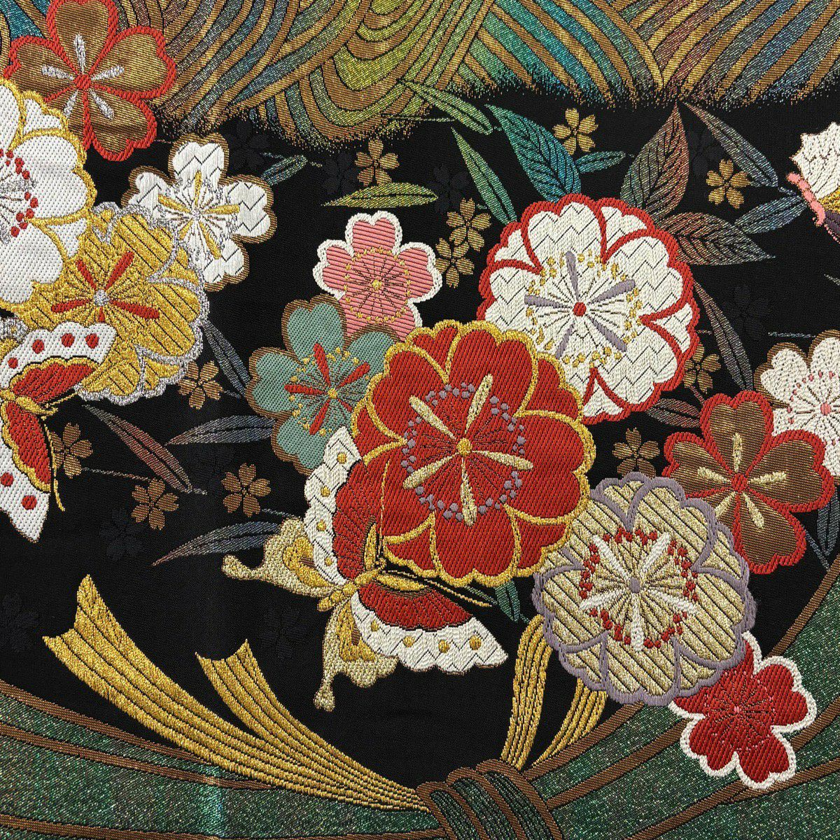 【美品】 袋帶 秀品級 振袖禮服禮服用 櫻花 蝴蝶 唐織 金絲 黑色 六通 純蠶絲