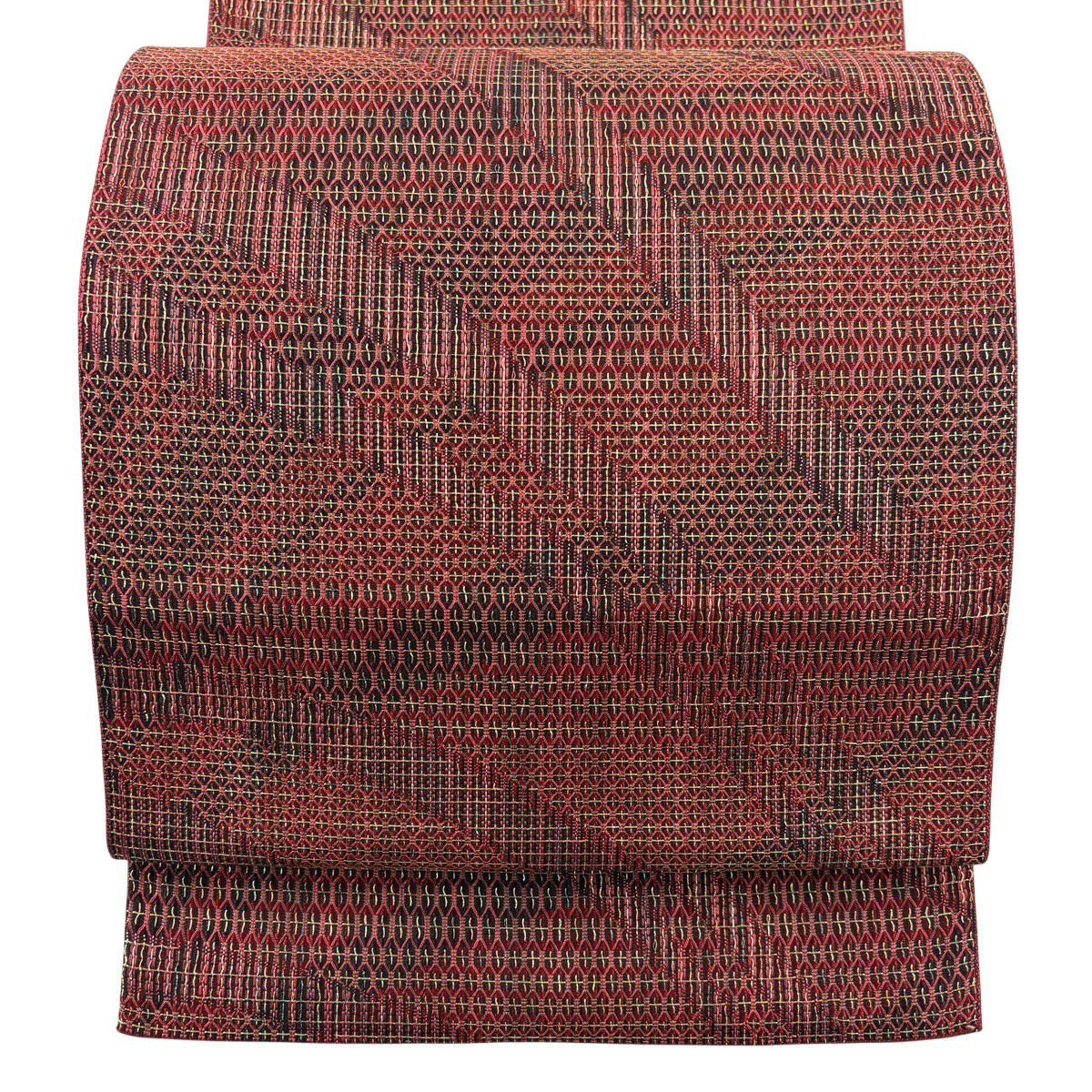 【美品】 袋帶 秀品級 幾何學 金絲 深紅 六通 純蠶絲