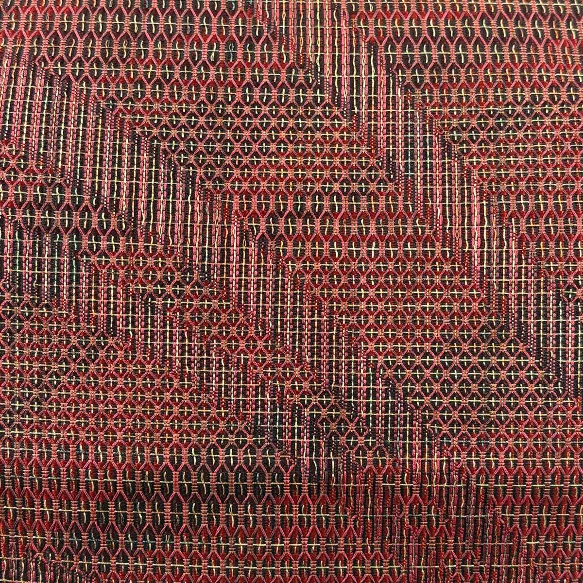 【美品】 袋帶 秀品級 幾何學 金絲 深紅 六通 純蠶絲