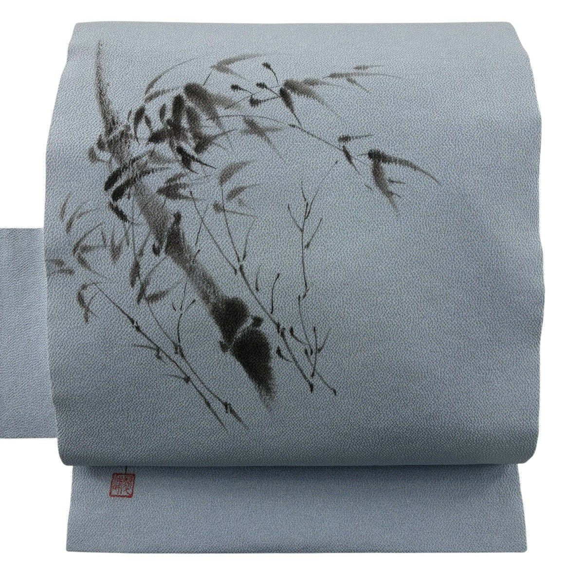 名古屋帶 秀品級 附有落款 翠峰 笹 縮緬 青灰色 純蠶絲