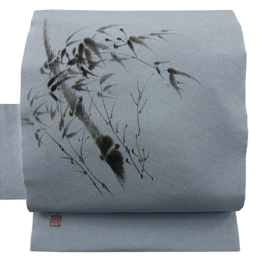 名古屋帶 秀品級 附有落款 翠峰 笹 縮緬 青灰色 純蠶絲