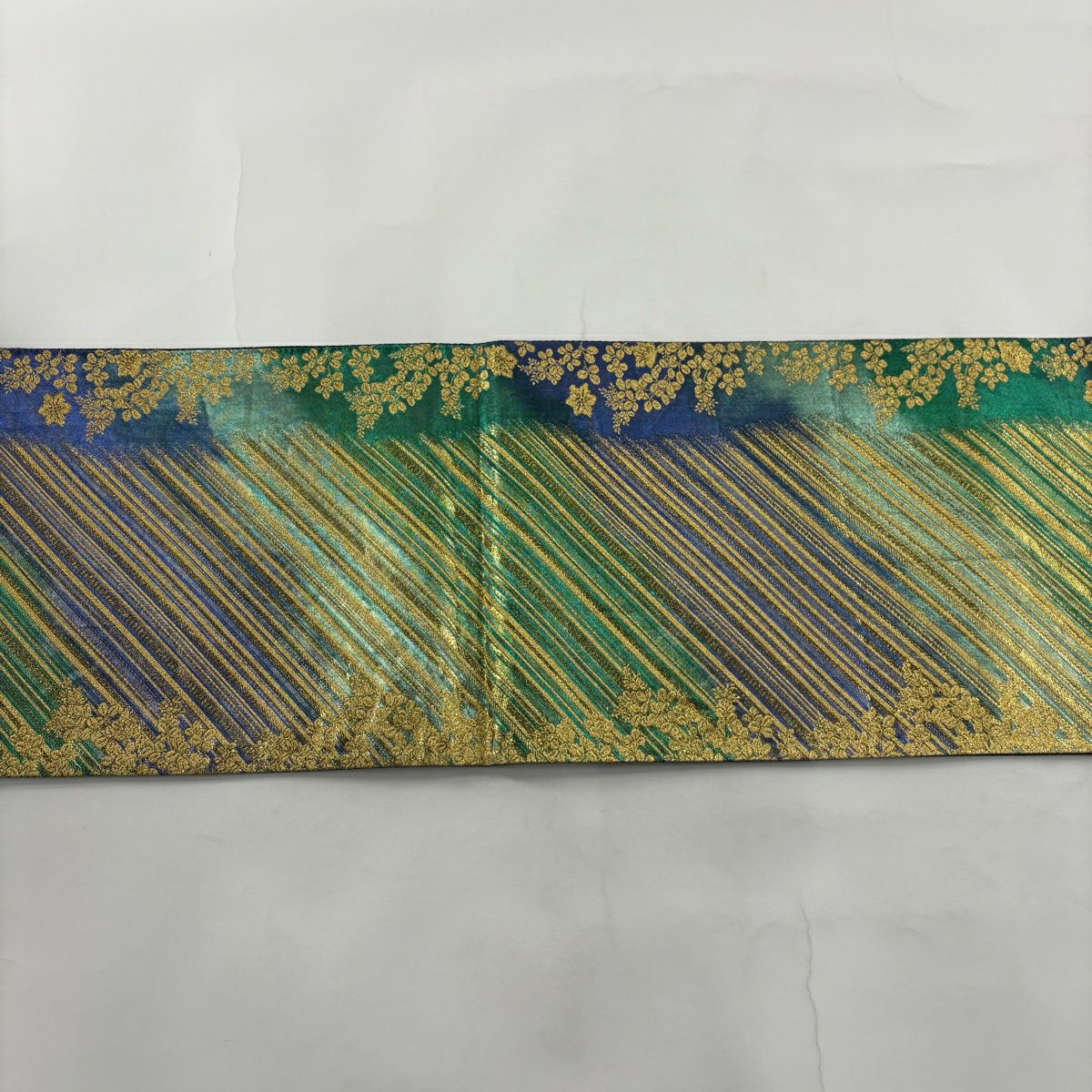 袋帶 秀品級 振袖禮服禮服 草花紋紋 斜紋 金絲 金金箔 綠 全通 純蠶絲