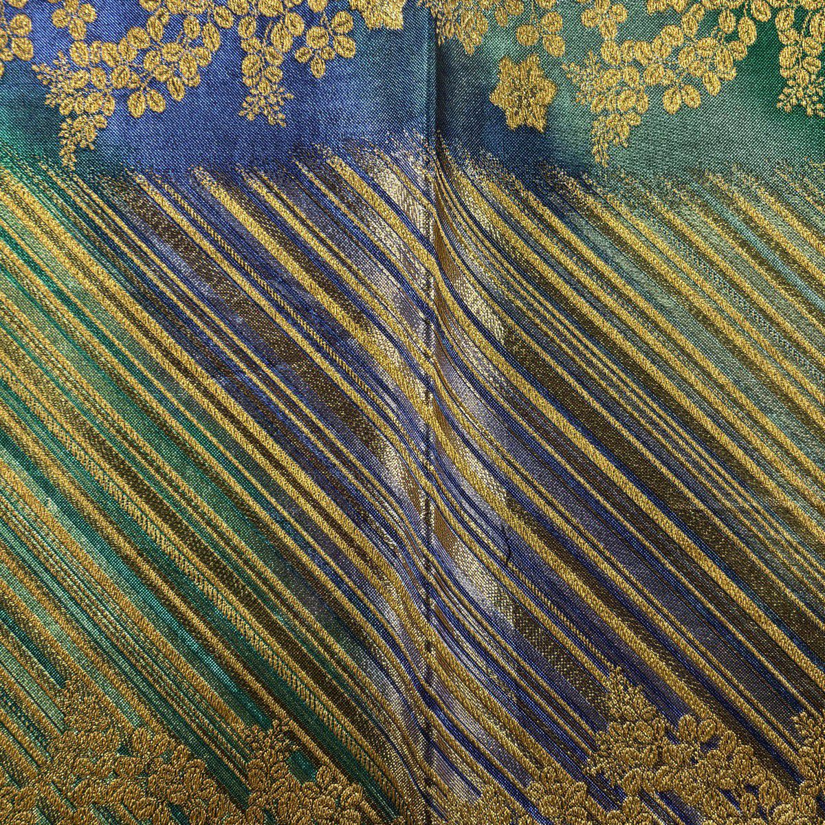 袋帶 秀品級 振袖禮服禮服 草花紋紋 斜紋 金絲 金金箔 綠 全通 純蠶絲