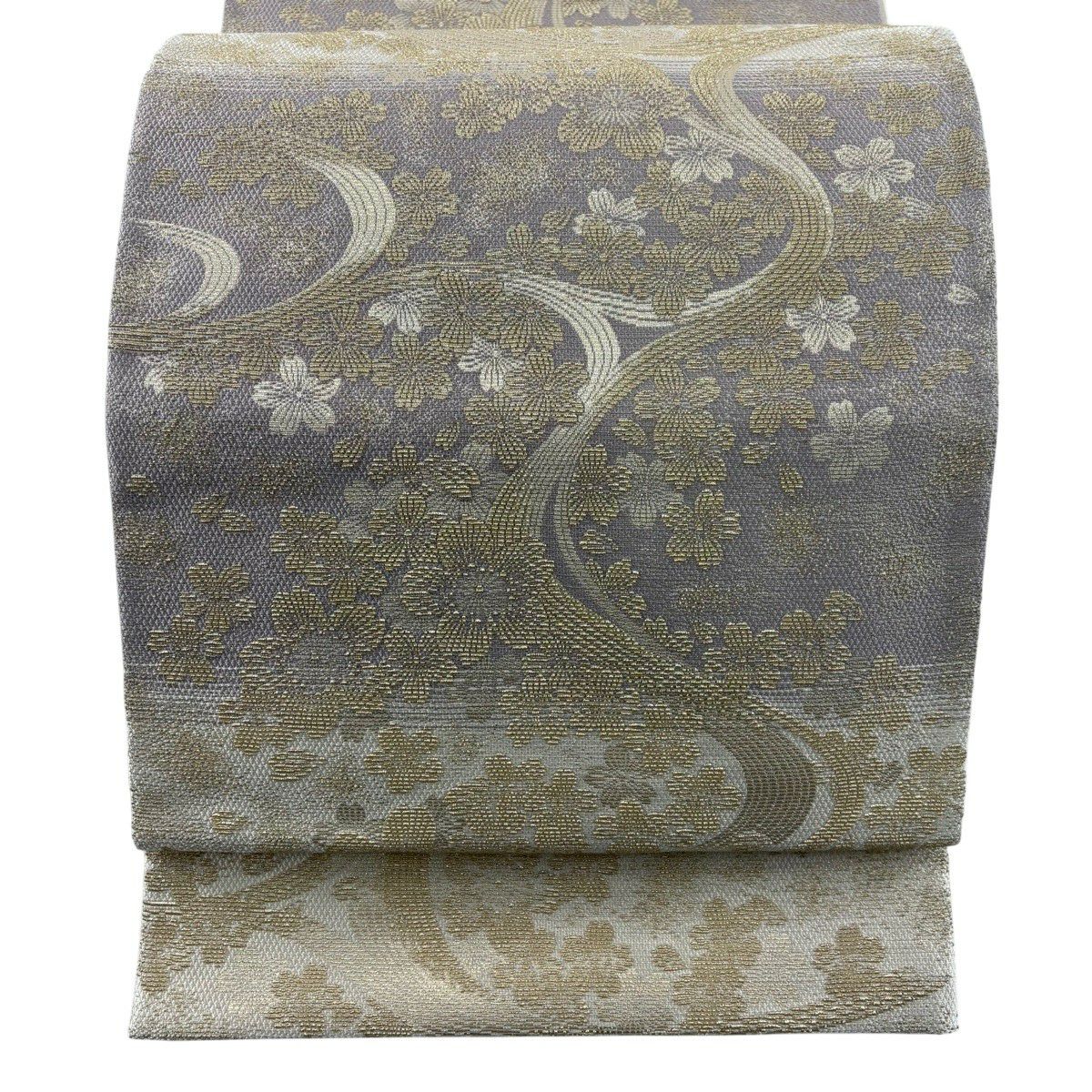 【美品】 袋帶 秀品級 樱花 流水 金絲 奶油 六通 純蠶絲