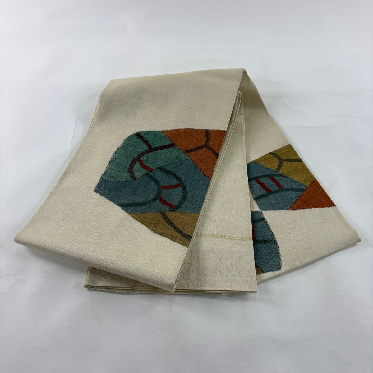 【美品】 袋帶 優品級 幾何學 奶油色 大鼓圖案 純蠶絲