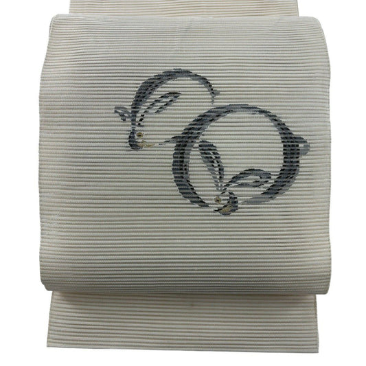 名古屋帶 秀品級 夏帶 絽 八寸名古屋帶 兔子 金絲 奶油色 純蠶絲