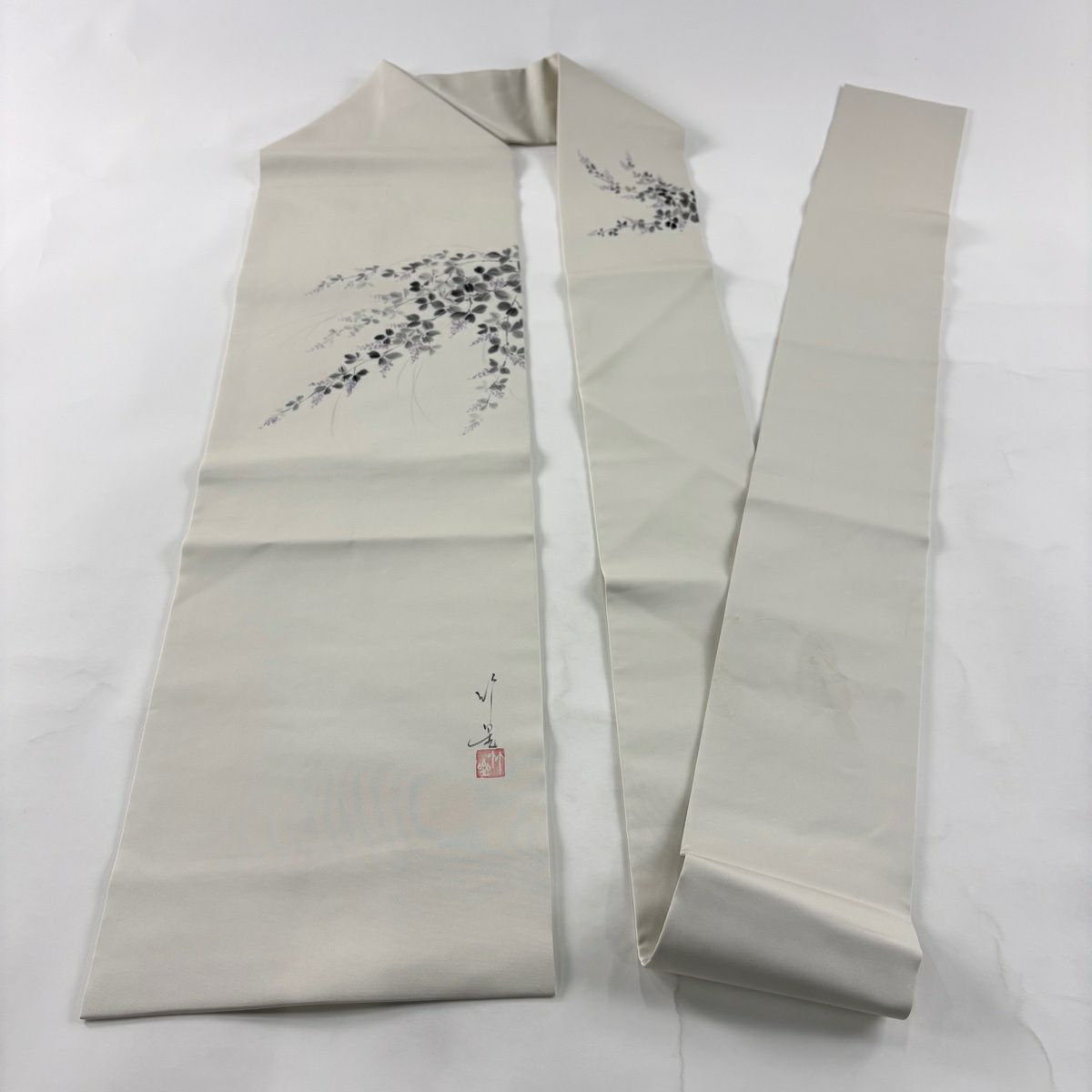 名古屋帶 秀品級 附有落款 萩 灰白 純蠶絲