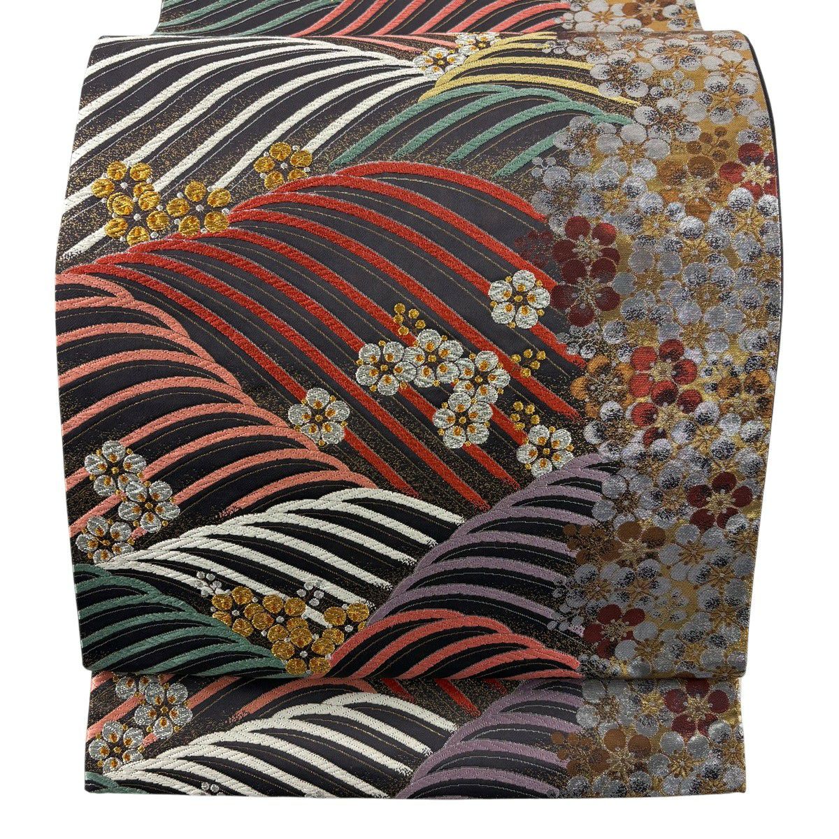 【美品】 袋帶 秀品級 振袖禮服禮服用 梅花 波 金金箔 唐織 焦茶 六通 純蠶絲