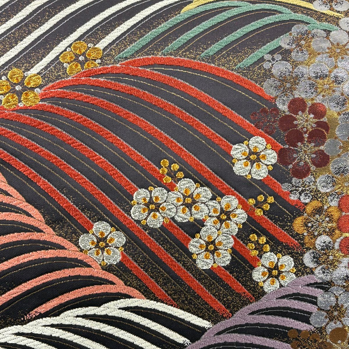 【美品】 袋帶 秀品級 振袖禮服禮服用 梅花 波 金金箔 唐織 焦茶 六通 純蠶絲