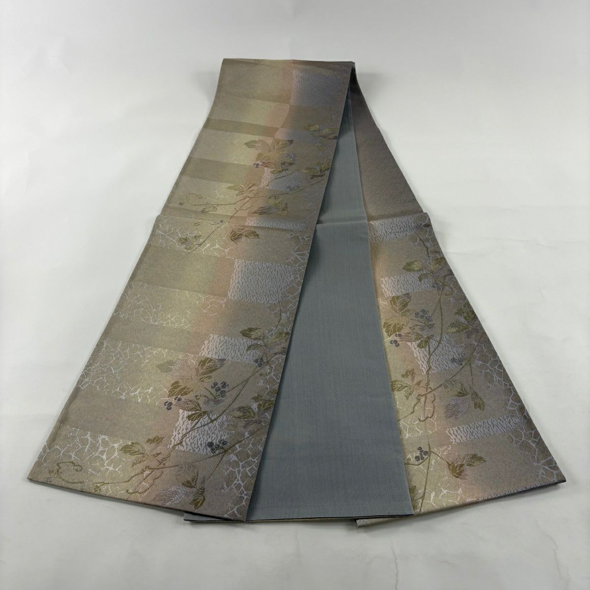 【美品】 袋帶 秀品級 葉與果 金絲 拉麵絲 淺茶 深色 六通 純蠶絲