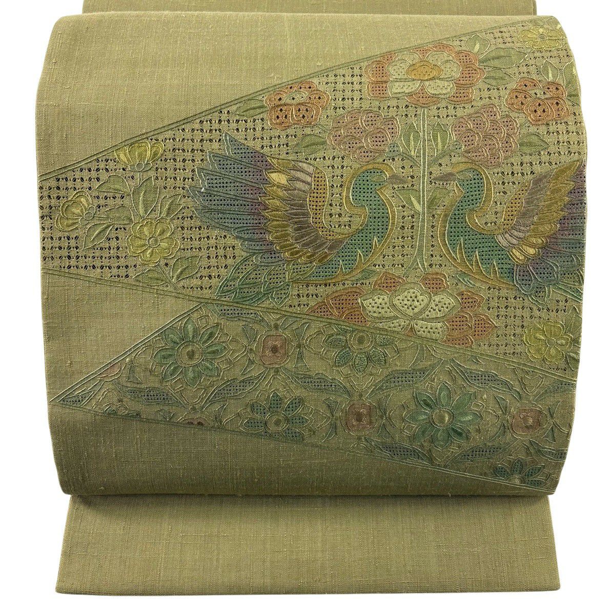 【美品】 袋帶 秀品級 紬織織 向鳥 草花紋刺繡 抹茶 深綠 大鼓圖案 純蠶絲