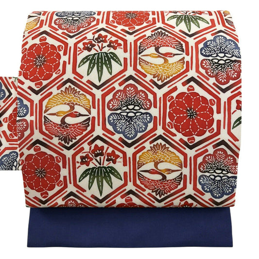 【美品】名古屋帶 秀品級 向仙鶴 松樹竹子梅花 奶油色 純蠶絲