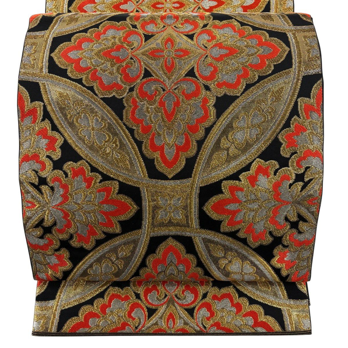 【美品】 袋帶 秀品級 川島織物 附有落款 關西仕立 振袖禮服適用 七寶 華紋 金銀彩 金金箔 黑 六通 純蠶絲