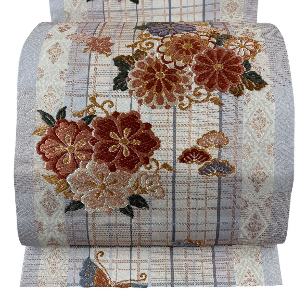 【美品】 袋帶 秀品級 菊花 蝶 金絲 唐織 灰色 六通 純蠶絲