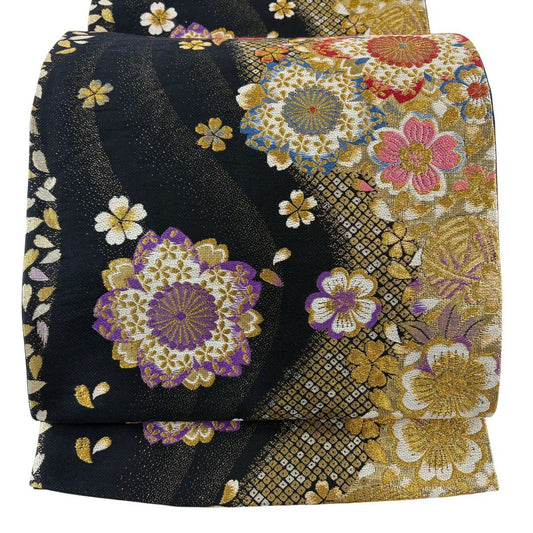 袋帶 秀品級 振袖禮服禮服用 櫻花 櫻花花瓣 金絲 金金箔 黑 六通 純蠶絲