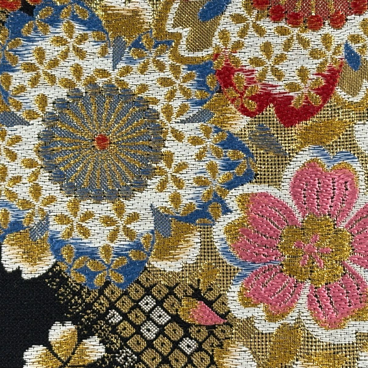 袋帶 秀品級 振袖禮服禮服用 櫻花 櫻花花瓣 金絲 金金箔 黑 六通 純蠶絲