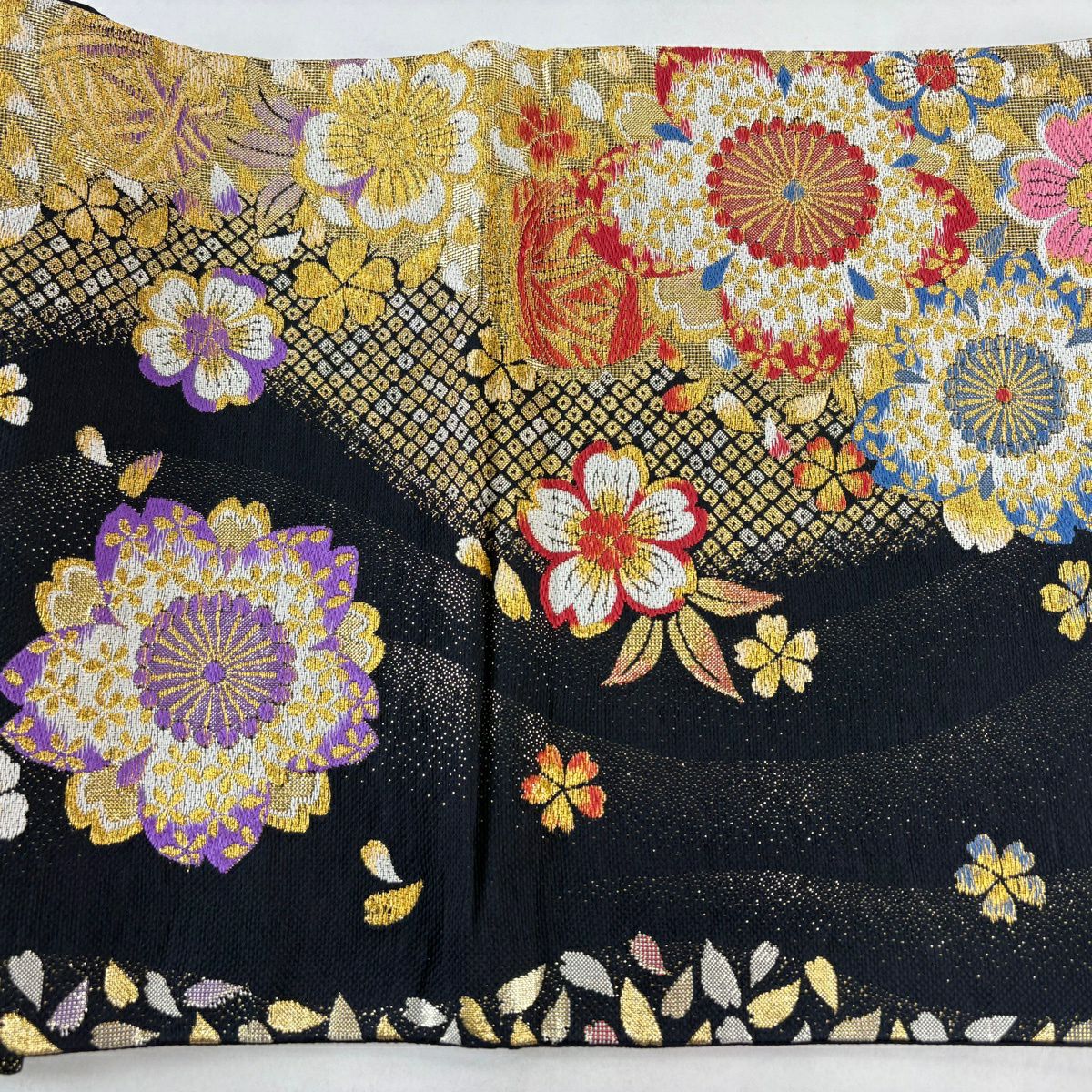 袋帶 秀品級 振袖禮服禮服用 櫻花 櫻花花瓣 金絲 金金箔 黑 六通 純蠶絲